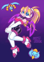 1girl artist_request bare_shoulders black_bodysuit blonde_hair blue_eyes bodysuit boots breasts ciel_(mega_man) cleavage commentary corset cosplay drone elbow_gloves english_commentary eyeshadow foot_up gloves gradient_background green_eyeshadow hair_between_eyes headphones high_heel_boots high_heels highres holding_own_hand joints large_breasts long_hair looking_at_viewer low_neckline makeup mechanical_wings mega_man_(series) mega_man_zero_(series) pink_corset ponytail purple_background robot robot_joints rouge_the_bat rouge_the_bat_(cosplay) signature smile solo sonic_(series) white_gloves wings zerossox