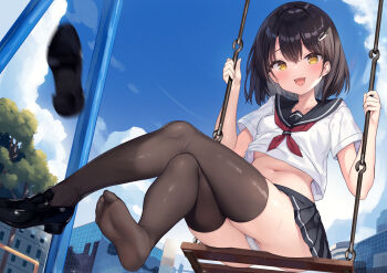 1girl black_shoes blue_sky breasts brown_thighhighs cloud cloudy_sky commentary_request crossed_bangs crossed_legs day dutch_angle eyelashes fang feet full_body hair_between_eyes hands_up highres holding legs loafers medium_hair miniskirt motion_blur navel neckerchief no_shoes ochinsama open_mouth original outdoors panties partially_visible_vulva pleated_skirt red_neckerchief school_uniform serafuku shiny_skin shoes short_sleeves sidelocks single_shoe sitting skirt sky small_breasts soles solo swing_set thighhighs thighs toes underwear white_panties yellow_eyes