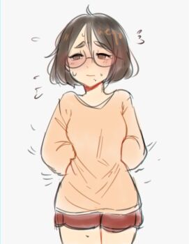 blush breasts brown_eyes brown_hair creator_(neneneqo) embarrassed glasses looking_to_the_side medium_breasts mole mole_under_mouth neqo_(neneneqo) nervous nervous_sweating shorts sweat sweatdrop sweater tagme