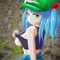 1girl 3d animated bare_shoulders blue_eyes blue_hair breasts clothes_lift flashing hair_bobbles hair_ornament hat jiggle kawashiro_nitori large_breasts lifting_own_clothes long_hair looking_at_viewer mofumoko5 nipples no_bra outdoors smile solo tagme tank_top touhou twintails video