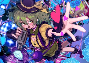 1girl absurdres adapted_costume black_hat black_shoes blue_flower blue_rose breasts cleavage cleavage_cutout clothing_cutout collar flower frilled_skirt frills green_eyes green_hair green_skirt hat heart heart-shaped_pupils heart_cutout highres komeiji_koishi medium_hair microphone music open_mouth puffy_short_sleeves puffy_sleeves purple_collar reaching reaching_towards_viewer ribbon rose shirt shoes short_sleeves singing skirt smile solo stage symbol-shaped_pupils touhou tuck_(tuck23978434) yellow_ribbon yellow_shirt