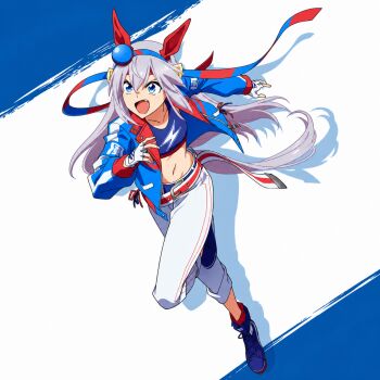 1girl absurdres animal_ears belt blue_eyes blue_hairband blue_jacket blue_shoes cleaned collarbone ear_covers fang female_focus fingerless_gloves flat_chest full_body gloves grey_hair grey_tail hairband highres horse_ears horse_girl horse_tail jacket long_hair long_sleeves no_bra official_art open_mouth pants red_belt red_hairband running shoes smile solo solo_focus tail tamamo_cross_(fast_as_lightning)_(umamusume) tamamo_cross_(umamusume) teeth textless_version umamusume umamusume:_cinderella_gray unzipped white_belt white_gloves white_pants