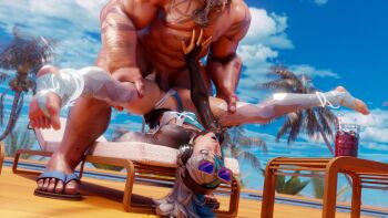 1boy 1girl 3d ahegao beach beach_chair bent_over blender_(medium) clothed_female_nude_male clothing_aside cocktail eyewear_on_head flip-flops headphones highres leg_grab luna_snow luna_snow_(cool_summer) marvel marvel_rivals nude palm_tree penis sandals size_difference spread_legs sunglasses swimsuit thecount thor_(marvel) tree vaginal
