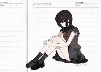 1girl amakura_mayu bandaged_leg bandages black_eyes black_hair black_shirt black_shoes black_skirt black_socks bob_cut brown_camisole camisole camisole_over_clothes closed_mouth commentary dated fatal_frame fatal_frame_ii:_crimson_butterfly faux_traditional_media flwct full_body hugging_own_legs interlocked_fingers knees_up lace lace-trimmed_skirt lace_trim loafers looking_ahead miniskirt notebook own_hands_together red_ribbon ribbon shirt shoes short_hair short_sleeves sitting skirt socks solo twitter_username