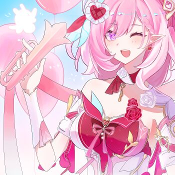 1girl absurdres balloon blue_sky breasts chinese_commentary commentary_request diamond-shaped_pupils diamond_(shape) dress earrings elf elysia_(hi_love_elf)_(honkai_impact) elysia_(honkai_impact) heart heart_balloon heart_earrings highres holding holding_instrument holding_trumpet honkai_(series) honkai_impact_3rd instrument jewelry large_breasts little_messenger_(honkai_impact) long_hair looking_at_viewer medium_breasts pink_hair pointy_ears purple_eyes red_dress shouhai_zhe_1_hao sky solo symbol-shaped_pupils trumpet upper_body very_long_hair white_dress