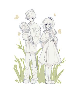 1boy 1girl alternate_costume asymmetrical_sidelocks beret blunt_ends bouquet bow bowtie braid bug butterfly casual choppy_bangs closed_mouth collared_dress collared_shirt contemporary dress eyelashes feathers flower frilled_dress frills fringe_trim full_body genshin_impact grass hair_ornament half_crown_braid hat height_difference highres holding holding_bouquet holding_letter insect leaf leaf_hair_ornament leg_warmers letter light_blush long_hair long_sleeves looking_at_viewer mary_janes medium_dress nahida_(genshin_impact) own_hands_together pantyhose partially_colored pointy_ears pom_pom_(clothes) scaramouche_(cat)_(genshin_impact) scaramouche_(genshin_impact) shawl shirt shoes shorts side_ponytail sidelocks smile standing taller_than_canon tareme thigh_strap tilted_headwear undershirt vest white_background yuekou