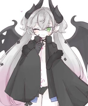 1girl bat_wings black_jacket black_panties blush chest_tattoo demon_horns fate/grand_order fate_(series) green_eyes heart highres horns jacket kuzuyu lilith_(fate) lilith_(second_ascension)_(fate) neck_tattoo one_eye_closed open_clothes open_jacket panties pink_hair pubic_tattoo solo tattoo twintails underwear white_hair wings