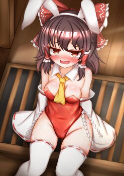 1girl alternate_costume animal_ear_hairband animal_ears ascot ascot_between_breasts blush bow box breasts brown_eyes brown_hair cleavage commentary_request covered_navel detached_collar detached_sleeves donation_box fake_animal_ears frilled_bow frilled_hair_tubes frills hair_bow hair_tubes hairband hakurei_reimu highres kasoka_soka leotard long_hair looking_at_viewer medium_breasts open_mouth playboy_bunny rabbit_ear_hairband rabbit_ears red_bow red_leotard ribbon-trimmed_sleeves ribbon-trimmed_thighhighs ribbon_trim sitting smile solo strapless strapless_leotard sweatdrop thighhighs touhou white_hairband white_thighhighs yellow_ascot