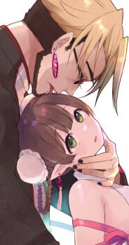 1boy 1girl ayumi_(princess_connect!) bare_shoulders beard black_jacket black_nails blonde_hair braid brown_hair bun_cover double_bun earrings elf facial_hair gino_(princess_connect!) green_eyes gucchiann hair_bun hair_rings highres jacket jewelry licking nail_polish parted_lips pointy_ears princess_connect! round_eyewear simple_background strap_slip sunglasses tongue tongue_out upper_body white_background