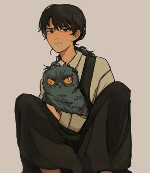 1girl absurdres animal bird black_hair blush chainsaw_man cross-eyed demon dress fourth_east_high_school_uniform highres holding holding_animal holding_bird knees_up light_frown lilyphase low_twintails mitaka_asa pinafore_dress potoo ringed_eyes school_uniform simple_background sitting sleeveless sleeveless_dress twintails war_devil_(chainsaw_man)