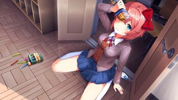 1girl apple_juice arm_support arm_up blazer blue_eyes blue_skirt blush book bookshelf bottle bow breasts brown_hair brown_jacket brown_sweater_vest button_gap buttons chair classroom collared_shirt commentary crayon doki_doki_literature_club doki_doki_literature_club_school_uniform door doorway dot_nose double-parted_bangs dress_shirt dropped_object dutch_angle embarrassed english_commentary fallen_down fingernails forehead from_above furrowed_brow game_cg grey_jacket grin hair_bow hand_on_own_forehead highres holding holding_bottle impossible_clothes indoors jacket juice kneehighs legs_apart long_eyelashes long_fingernails long_sleeves looking_at_viewer looking_up medium_breasts miniskirt neck_ribbon nervous_smile non-web_source official_art on_floor one_eye_covered open_clothes open_door open_jacket pink_nails pleated_skirt pov_doorway raised_inner_eyebrows red_bow red_ribbon ribbon satchely sayori_(doki_doki_literature_club) school school_uniform shirt short_hair sidelocks sitting skirt small_sweatdrop smile socks solo sweater_vest teeth thick_eyelashes v-neck wariza white_shirt white_socks wooden_floor