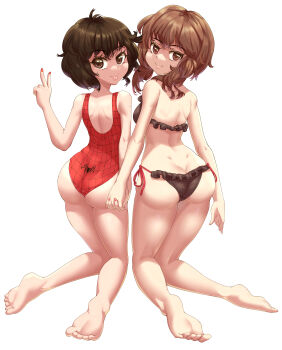 2girls :p absurdres alternate_eye_color arms_at_sides ass ass_focus back backless_outfit backless_swimsuit bare_arms bare_legs bare_shoulders barefoot bikini black_bikini black_hair brown_eyes brown_hair butt_crack cjhomics closed_mouth eyebrows eyelashes feet female_focus frilled_bikini frills from_behind full_body hand_up highres holding_hands kneeling kono_subarashii_sekai_ni_shukufuku_wo! legs looking_at_viewer looking_back marvel matching_hair/eyes medium_hair megumin multiple_girls nail_polish one-piece_swimsuit peni_parker petite red_nails red_one-piece_swimsuit short_hair side-tie_bikini_bottom simple_background smile soles spider-man_(series) spider_web_print swimsuit takahashi_rie toes tongue tongue_out v voice_actor_connection white_background
