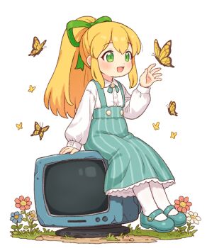 Rule 34 | 1girl, blonde hair, bug, butterfly, commentary, green eyes, green ribbon, insect, long hair, long sleeves, mega man (classic), mega man (series), onyhakase, open mouth, ponytail, ribbon, roll (mega man), shirt, sitting, smile, solo, white background