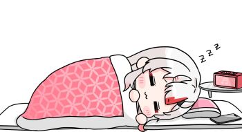 1girl :3 =_= beamed_sixteenth_notes cellphone chibi clock closed_eyes closed_mouth commentary_request facing_viewer futon gradient_hair grey_hair hands_up highres hololive horns long_hair mochimiko multicolored_hair musical_note nakiri_ayame oni phone pillow red_hair simple_background sleeping solo streaked_hair under_covers virtual_youtuber white_background zzz