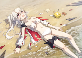 Rule 34 | 1girl, absurdres, azur lane, beach, bikini, black swim trunks, blush, braid, breasts, cleavage, commentary request, commission, day, defeat, exhausted, hair between eyes, highres, isome, jacket, long hair, lying, medium breasts, messy hair, navel, o-ring, o-ring bikini, o-ring top, ocean, on back, on ground, open clothes, open jacket, outdoors, pixiv commission, purple eyes, short shorts, shorts, side ponytail, single braid, small breasts, solo, stomach, strapless, strapless bikini, swimsuit, tearing up, torn clothes, torn jacket, torn shorts, torn swimsuit, underboob, white bikini, white hair, white jacket, z1 leberecht maass (azur lane)