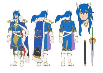 Rule 34 | 1boy, absurdres, aged up, alternate costume, armor, armored boots, belt, blue cape, blue hair, boots, bracer, brooch, cape, coat, coat of arms, commentary, commission, commissioner upload, crown, dekura, english commentary, fire emblem, fire emblem: genealogy of the holy war, from behind, full body, fur-trimmed cape, fur trim, gloves, greaves, hair down, highres, holding, jewelry, long hair, looking at viewer, multiple views, nintendo, original, pants, puffy sleeves, reference sheet, sash, seliph (fire emblem), sheath, shoulder armor, sidelocks, simple background, smile, solo, standing, sword, tunic, turnaround, weapon, white background