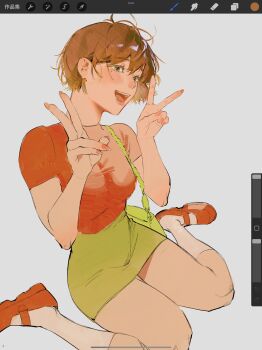 1girl :d amo_(amo_0514) art_program_in_frame bag blush breasts brown_eyes brown_hair commentary double_v fingernails full_body green_eyes hair_between_eyes handbag hands_up head_tilt high-waist_skirt highres long_fingernails medium_breasts miniskirt mole mole_under_eye multicolored_eyes nail_polish open_mouth original pink_nails procreate_(software) red_shirt red_shoes shirt shirt_tucked_in shoes short_hair short_sleeves shoulder_bag simple_background sitting skirt smile socks solo symbol-only_commentary taut_clothes taut_shirt two-tone_eyes v wariza white_background white_socks yellow_bag yellow_skirt