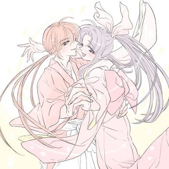 1boy 1girl arm_around_neck arm_around_waist asairi black_hair blush closed_mouth commentary couple cowboy_shot hair_between_eyes hair_ribbon haori hetero highres himura_kenshin holding_hands interlocked_fingers japanese_clothes kamiya_kaoru kimono long_hair low_ponytail open_mouth orange_hair parted_bangs pink_kimono pink_ribbon ponytail red_haori ribbon rurouni_kenshin sidelocks smile symbol-only_commentary