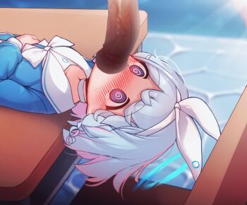 1boy 1girl @_@ animated arona_(blue_archive) blue_archive blue_hair blue_shirt blush dark-skinned_male dark_skin deepthroat disembodied_penis embarrassed fellatio flat_chest from_side hair_ribbon hands_on_own_stomach hetero indoors interracial irrumatio live2d loli long_sleeves looking_at_penis looping_animation lying medium_hair mochikushi multicolored_hair on_back on_table oral penis pink_hair purple_eyes rape ribbon sailor_collar shirt solo_focus streaked_hair table tagme tears two-tone_hair upper_body video white_ribbon white_sailor_collar x-ray