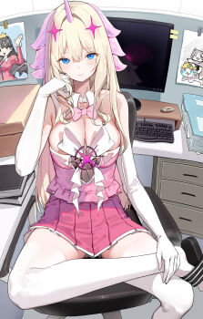 1girl absurdres bare_shoulders blonde_hair blue_eyes blush book bow bowtie breasts chair cleavage closed_mouth collarbone commentary_request computer computer_keyboard dduck_kong desk detached_collar elbow_gloves elbow_rest figure_four_sitting folder gloves hair_between_eyes hair_intakes hand_on_ankle hand_on_own_face hand_up head_tilt highres horns indoors large_breasts long_hair looking_at_viewer magical_girl monitor office office_chair on_chair original partial_commentary photo_(object) pink_bow pink_bowtie pink_shirt pink_skirt pleated_skirt sandals shirt sidelocks single_horn sitting skirt solo swivel_chair table tentacle_hair_ornament thighhighs thighs very_long_hair white_gloves white_thighhighs