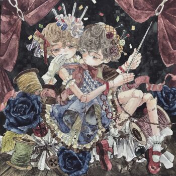 1boy 1girl absurdres acrylic_paint_(medium) blue_eyes blush brown_hair buttons chain closed_mouth commentary_request curly_hair doll dress flower highres karintoun needle original painting_(medium) puppet red_shoes ribbon rose shoes short_hair signature sitting sitting_on_person spool stage thread traditional_media watercolor_(medium)