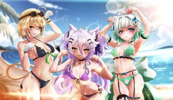 3girls absurdres ahoge animal_ears armpits averting_eyes bikini black_hair blonde_hair blue_bikini blue_eyes blue_sky bow breasts cat_ears cat_tail cleavage cube densetsu.exe dooby garter_belt garter_straps ghost_girl gloves gradient_hair green_bikini green_eyes green_hair hair_between_eyes hair_bow hair_intakes hair_ornament henya_the_genius highres indie_virtual_youtuber jerboa_tail long_hair looking_at_viewer maid_headdress mint_fantome multicolored_hair multiple_girls navel outdoors pointy_ears purple_bikini purple_hair shihir09 short_hair single_thighhigh sky small_breasts smile streaked_hair swimsuit tail thighhighs thighs two_side_up virtual_youtuber water white_gloves white_hair white_thighhighs x_hair_ornament yellow_eyes