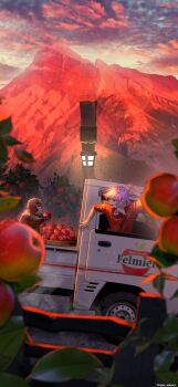 1boy absurdres animal apple basket blue_eyes blurry blurry_foreground bokeh car clenched_hand cloud commentary_request depth_of_field driving eating epel_felmier facial_hair fence food fruit hand_up highres holding holding_food holding_fruit jacket lamppost leaf light_particles long_hair long_sleeves male_focus mau_sakura monkey motor_vehicle mountain mountainous_horizon multiple_boys open_mouth outdoors ponytail purple_hair red_jacket red_sky scenery short_ponytail shouting sitting sky spring_(season) towel towel_around_neck tree truck twisted_wonderland twitter_username vehicle_focus wide_shot