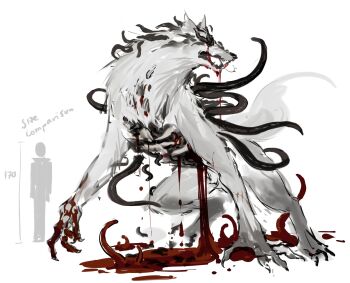 1other artist_self-insert bleeding blood blood_drip blood_on_ground blood_on_hands bloody_tears claws creature exposed_gusset gouged_eye highres leech looking_back open_mouth original pool_of_blood rearing sharp_teeth simple_background size_comparison stitches teeth tentacles white_background wolf yoimon