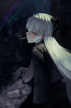 1girl arm_rest black_bow bolcham bow building cigarette cinderella_(beautiful_me)_(nikke) cinderella_(nikke) city commentary english_commentary from_side goddess_of_victory:_nikke hair_bow hair_over_one_eye highres holding holding_cigarette jacket long_hair looking_back mouth_hold official_alternate_costume smoke smoking solo upper_body white_hair