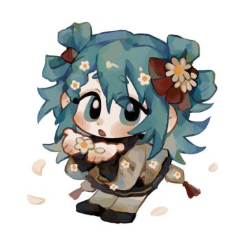 blue_eyes blue_hair chibi falling_petals flower hair_between_eyes hair_flower hair_ornament hatsune_miku jacket long_sleeves looking_at_viewer makeup open_hands parted_lips petals pleated_skirt rouge_(makeup) shoes short_eyebrows simple_background skirt square suuroku vocaloid white_background white_flower