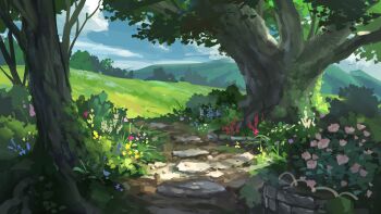 absurdres blue_flower blue_sky bush cloud commentary_request day flower grass highres hill nature no_humans original outdoors path pink_flower purple_flower red_flower road rose_bush scenery sky stone_wall suzuke tree