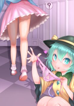 2girls ? ass black_hat blue_shirt blush checkered_floor closed_mouth commentary_request feet_out_of_frame frilled_shirt_collar frilled_skirt frills green_eyes green_hair harunoha hat holding holding_panties holding_underwear holding_unworn_clothes komeiji_koishi komeiji_satori long_sleeves looking_at_viewer multiple_girls no_panties panties pink_panties pink_skirt pink_slippers shirt short_hair skirt slippers smile socks solo_focus spoken_question_mark third_eye touhou underwear white_socks yellow_shirt