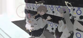 2girls absurdres assault_rifle azusa_(blue_archive) backpack bag bicycle bird black_pantyhose black_sailor_collar black_skirt blue_archive brown_hair bullpup charm_(object) closed_eyes closed_mouth explosive feathered_wings flower frilled_skirt frills gashapon grenade grey_hair gun hair_flower hair_ornament halo hand_up hifumi_(blue_archive) highres holding l85 long_hair long_sleeves looking_at_another low_twintails m4_carbine multiple_girls open_mouth orval pantyhose peroro_(blue_archive) pleated_skirt presenting profile purple_eyes purple_flower rifle sailor_collar school_uniform serafuku shirt shoes sitting skirt smile sneakers squatting stuffed_animal stuffed_bird stuffed_toy twintails weapon weapon_on_back white_bird white_halo white_shirt white_shoes white_wings wings