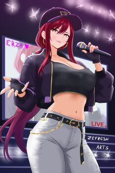 1girl absurdres alternate_costume baseball_cap black_gloves black_pants breasts brown_eyes cleavage crop_top cropped_jacket earrings erza_scarlet fairy_tail fingerless_gloves gloves grey_pants hat highres hoop_earrings jacket jewelry k-pop large_breasts long_hair looking_at_viewer low_ponytail microphone midriff pants parted_lips ponytail purple_hat purple_jacket red_hair screen solo stage stage_lights very_long_hair zefresh_arts