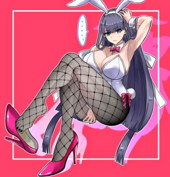 Rule 34 | ..., 1girl, animal ear hairband, animal ears, blunt bangs, bow, bowtie, breasts, cleavage, commentary request, detached collar, fake animal ears, fake tail, fate/grand order, fate (series), fishnet pantyhose, fishnets, frown, green eyes, hairband, large breasts, leotard, long hair, looking at viewer, martha (fate), pantyhose, purple hair, rabbit ear hairband, rabbit ears, rabbit tail, red bow, red bowtie, red shoes, satou nui, shoes, sitting, solo, tail, very long hair, white leotard, wrist cuffs