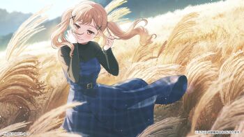 1girl bang_dream! belt blonde_hair blue_dress day dress feet feet_out_of_frame highres ichigaya_arisa long_hair looking_to_the_side official_art outdoors smile solo standing twintails wheat wheat_field wind yellow_eyes