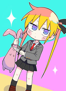 +_+ absurdres black_skirt black_socks blonde_hair blue_eyes commentary highres holding holding_knife kill_me_baby knife loafers necktie pleated_skirt red_necktie richard_(richaball) school_uniform shirt shoes simple_background skirt socks sonya_(kill_me_baby) white_shirt