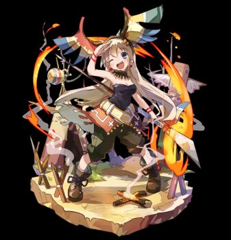 1girl :d bare_shoulders belt black_background blue_eyes blush boots breasts brown_boots brown_hair cleavage earrings fake_head_wings fire flaming_weapon full_body green_shorts hair_between_eyes hand_up head_wings highres holding holding_polearm holding_weapon jewelry large_breasts long_hair merc_storia merc_storia_art_team official_art one_eye_closed open_mouth polearm shorts simple_background smile smoke solo standing strapless tachi-e teeth tent tina_(merc_storia) totem tube_top upper_teeth_only very_long_hair weapon wings yellow_belt