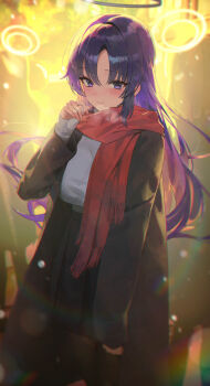 1girl absurdres alternate_costume alternate_hairstyle black_halo black_jacket black_pantyhose black_skirt blue_archive blush closed_mouth commentary damcheong hair_down halo high-waist_skirt highres jacket long_hair open_clothes open_jacket pantyhose purple_eyes purple_hair red_scarf scarf shirt skirt smile solo white_shirt yuuka_(blue_archive)