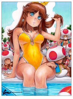 1girl 6+boys ball beachball blue_eyes blue_sky breasts brown_hair cleavage cloud day earrings flower_earrings holding holding_own_hair jewelry lips long_hair mario_(series) marker_(medium) multiple_boys nintendo omar_dogan one-piece_swimsuit outdoors pool poolside princess_daisy red_toad_(mario) signature sitting sky swimsuit tim_hortons toad_(mario) traditional_media vest yellow_one-piece_swimsuit