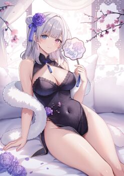 1girl black_dress blue_eyes blue_flower breasts cleavage closed_mouth commentary_request commission covered_navel dress fingernails flower grey_hair hair_flower hair_ornament hand_fan heterochromia highres holding holding_fan large_breasts long_hair looking_at_viewer mocchiri290 neck_tassel original pink_eyes purple_flower sitting skeb_commission sleeveless sleeveless_dress smile solo tassel