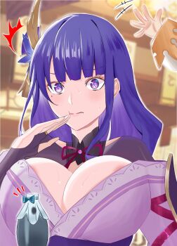2girls 4uu_(radicalmp_head) blunt_bangs blurry blurry_background blush breasts bridal_gauntlets cleavage commentary_request dango_milk_(genshin_impact) embarrassed fan_hair_ornament floating genshin_impact gradient_hair hair_ornament highres huge_breasts indoors japanese_clothes kimono large_breasts long_hair looking_at_viewer mole mole_under_eye multicolored_eyes multicolored_hair multiple_girls off_shoulder paimon_(genshin_impact) purple_eyes purple_hair purple_kimono raiden_shogun shade sitting solo_focus surprised sweat upper_body wide-eyed
