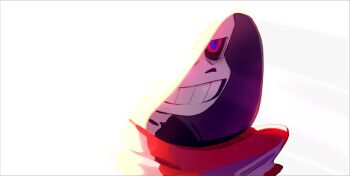 1other alternate_universe asaiiro black_sclera blue_eyes close-up colored_sclera dusttale facing_to_the_side highres hood hood_up light_particles red_eyes red_scarf sans_(undertale) scarf skeleton undertale upper_body utdr_(toby_fox) white_background white_hood