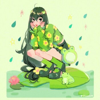 1girl artist_name asui_tsuyu bad_link black_eyes black_hair boku_no_hero_academia flower frog frog_hair_ornament hair_ornament lily_pad long_hair simple_background solo tongue tongue_out vicki_tsai water_drop water_lily_flower