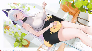1girl alternate_costume azur_lane bag breasts dan-98 hair_ornament hair_over_one_eye highres large_breasts long_hair looking_at_viewer manjuu_(azur_lane) multicolored_hair patreon_username pixiv_username purple_eyes sitting sitting_on_table solo streaked_hair thighs turtleneck unzen_(azur_lane) very_long_hair