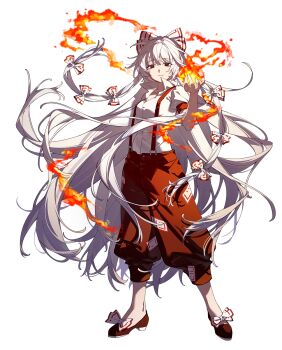 1girl artist_request bow breasts closed_mouth collared_shirt commentary commentary_request english_commentary fire fujiwara_no_mokou full_body grey_hair hair_bow highres long_hair looking_at_viewer mixed-language_commentary multiple_hair_bows ofuda ofuda_on_clothes pants psd_available puffy_short_sleeves puffy_sleeves pyrokinesis red_eyes red_pants red_shoes second-party_source shirt shoes short_sleeves smile solo suspenders tachi-e touhou transparent_background very_long_hair white_shirt
