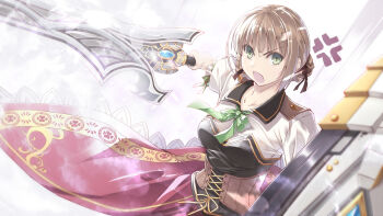 1girl anger_vein brown_hair collarbone commentary_request corset double_bun duvalie eiyuu_densetsu falcom green_eyes green_neckerchief hair_between_eyes hair_bun highres holding holding_shield holding_sword holding_weapon long_sleeves looking_at_viewer neckerchief open_mouth red_skirt satomi_(black_scarecrow) sen_no_kiseki sen_no_kiseki_(series) sen_no_kiseki_i sen_no_kiseki_iv shield shirt short_hair showgirl_skirt simple_background skirt solo sword v-shaped_eyebrows weapon white_background white_shirt