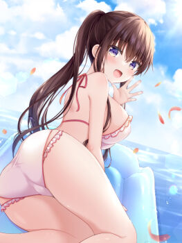 1girl :d ass bikini blue_sky breasts brown_hair commentary_request falling_petals frilled_bikini frills hair_between_eyes highres horizon large_breasts long_hair looking_at_viewer murasaki_(murasakiiro_no_yoru) ocean open_mouth original outdoors petals ponytail pool_float purple_eyes sideboob sidelocks sky smile swimsuit thighs trefoil white_bikini