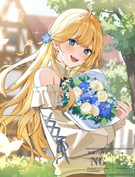 1girl :d ahoge bare_shoulders black_ribbon blonde_hair blue_eyes blue_flower blush bouquet commentary_request cross-laced_clothes day earrings flower hair_flower hair_ornament highres holding holding_bouquet house jewelry long_hair looking_at_viewer miyanami_3 one_side_up open_mouth original outdoors ribbon smile solo sparkle stud_earrings sunlight sweater teeth tree upper_body upper_teeth_only white_flower yellow_sweater