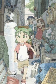 Rule 34 | 3girls, absurdres, ayase ena, azuma kiyohiko, blue footwear, blue tank top, brown eyes, brown hair, green eyes, green hair, hayasaka miura, highres, koiwai yotsuba, multiple girls, official art, pink footwear, red shirt, sandals, shirt, skirt, tank top, white skirt, yotsubato!